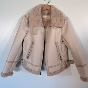 Michael Kors Moto Jacket Faux Leather and Fur Biker Coat beige size S